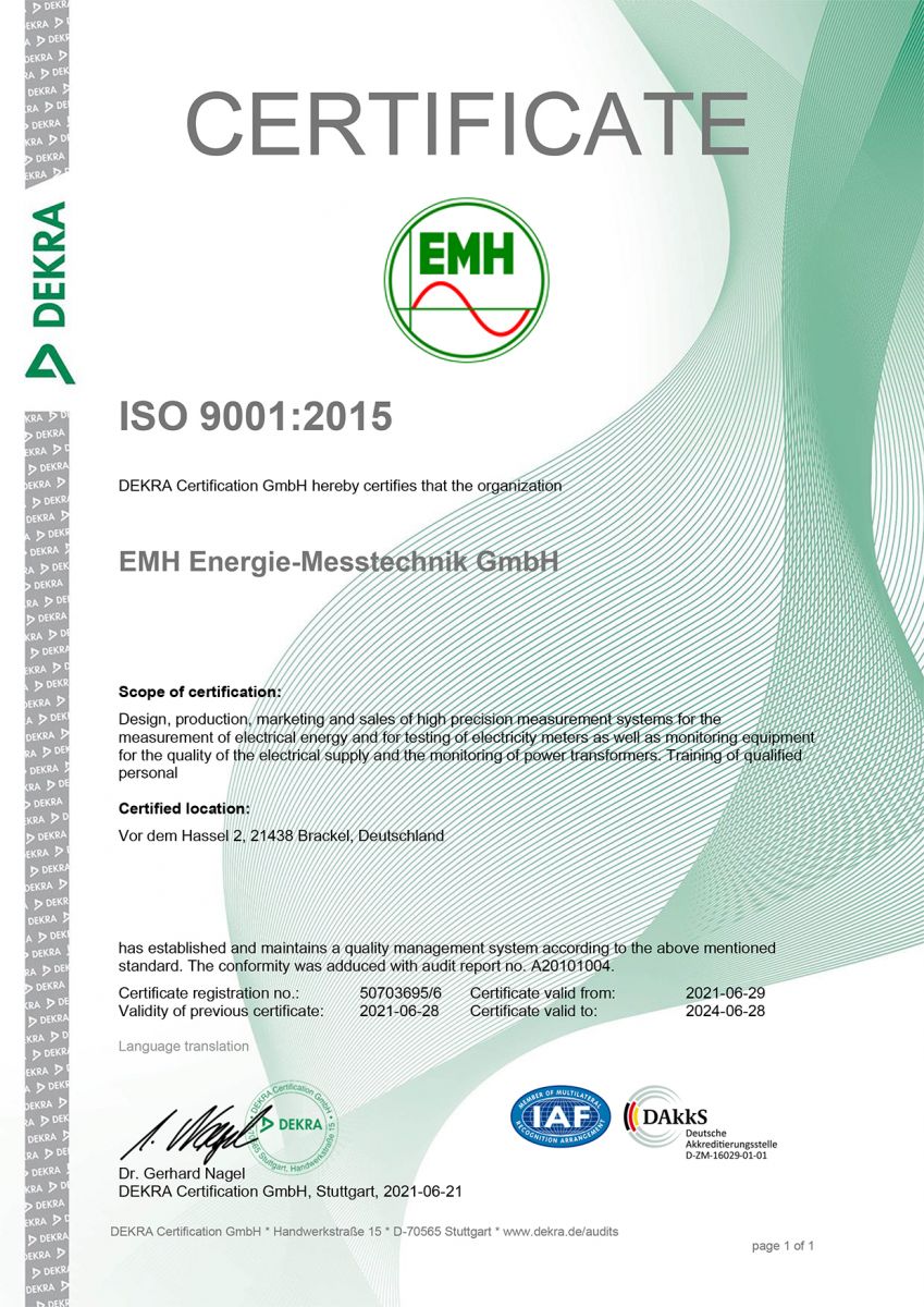 Our commitment to quality and our activities focus on customer needs and customer satisfaction. We stress an efficient production and provision of high quality products and services. They are all designed and manufactured at our works at EMH in accordance with DIN EN ISO 9001:2015.